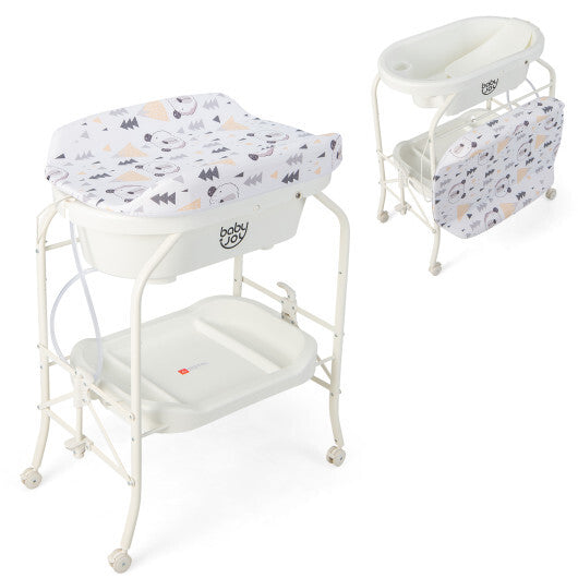 Folding Baby Changing Table with Bathtub and 4 Universal Wheels-White - Color: White