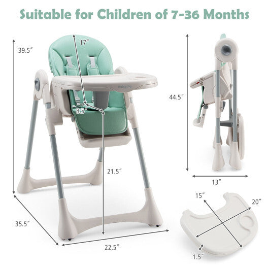 Baby Folding High Chair Dining Chair with Adjustable Height and Footrest-Green - Color: Green