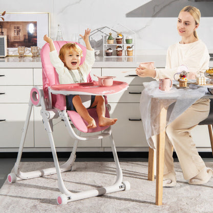 Baby High Chair Foldable Feeding Chair with 4 Lockable Wheels-Pink - Color: Pink