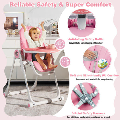 Baby High Chair Foldable Feeding Chair with 4 Lockable Wheels-Pink - Color: Pink