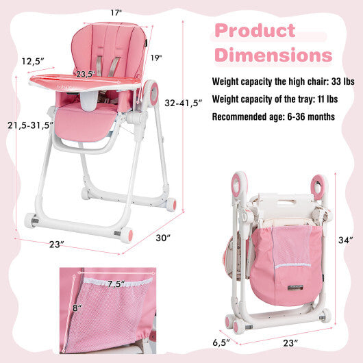 Baby High Chair Foldable Feeding Chair with 4 Lockable Wheels-Pink - Color: Pink