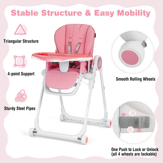 Baby High Chair Foldable Feeding Chair with 4 Lockable Wheels-Pink - Color: Pink