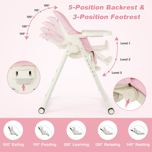 4-in-1 Baby High Chair with 6 Adjustable Heights-Pink - Color: Pink