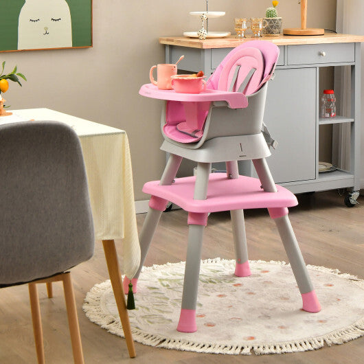 6-in-1 Convertible Baby High Chair with Adjustable Removable Tray-Pink - Color: Pink