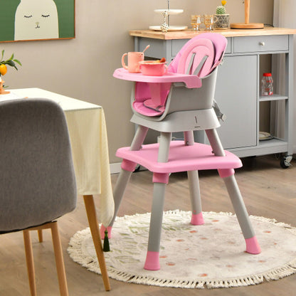 6-in-1 Convertible Baby High Chair with Adjustable Removable Tray-Pink - Color: Pink