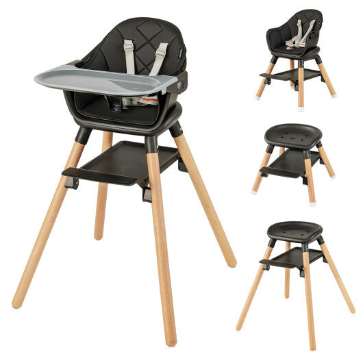 6 in 1 Convertible Highchair with Safety Harness and Removable Tray-Black - Color: Black