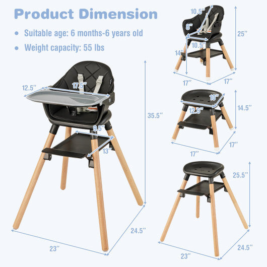 6 in 1 Convertible Highchair with Safety Harness and Removable Tray-Black - Color: Black