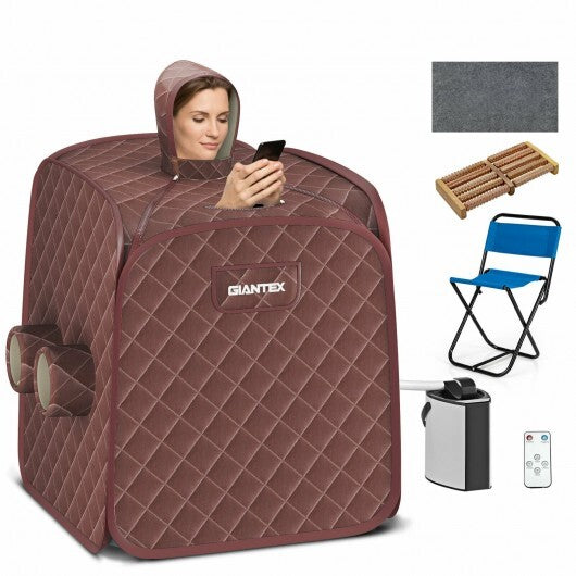 800W 2 Person Portable Steam Sauna Tent SPA with Hat Side Holes 3L Steamer-Coffee - Color: Brown