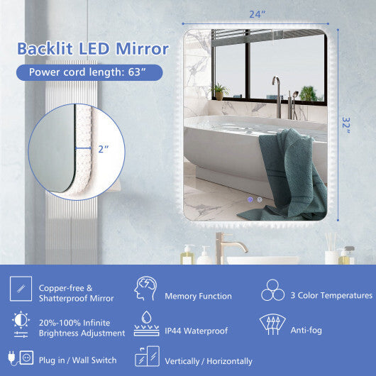 32 x 24 Inch Shatterproof Wall Mirror with 3-Color Lights and  Anti-Fog Function - Color: Transparent