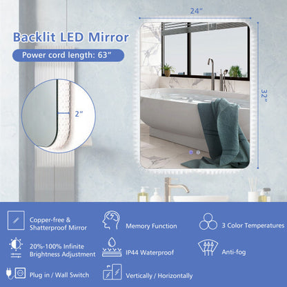 32 x 24 Inch Shatterproof Wall Mirror with 3-Color Lights and  Anti-Fog Function - Color: Transparent