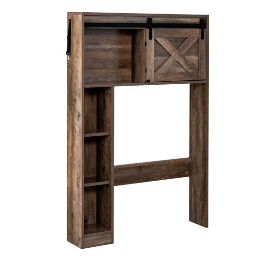 4-Tier Over The Toilet Storage Cabinet with Sliding Barn Door and Storage Shelves-Brown - Color: Brown