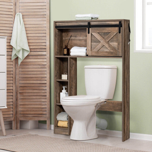 4-Tier Over The Toilet Storage Cabinet with Sliding Barn Door and Storage Shelves-Brown - Color: Brown