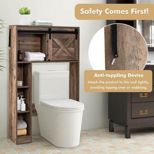 4-Tier Over The Toilet Storage Cabinet with Sliding Barn Door and Storage Shelves-Brown - Color: Brown