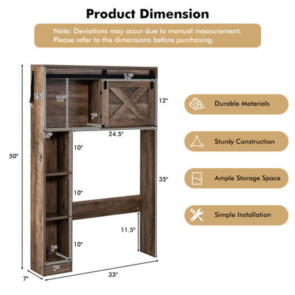 4-Tier Over The Toilet Storage Cabinet with Sliding Barn Door and Storage Shelves-Brown - Color: Brown