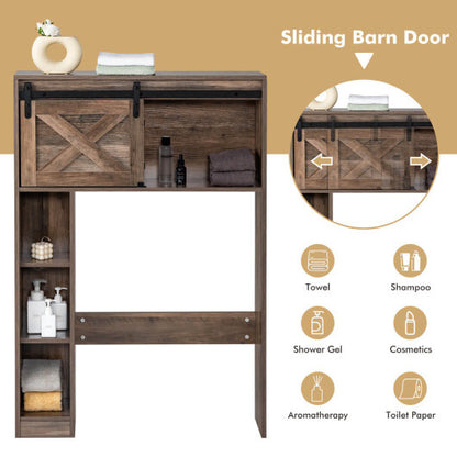 4-Tier Over The Toilet Storage Cabinet with Sliding Barn Door and Storage Shelves-Brown - Color: Brown