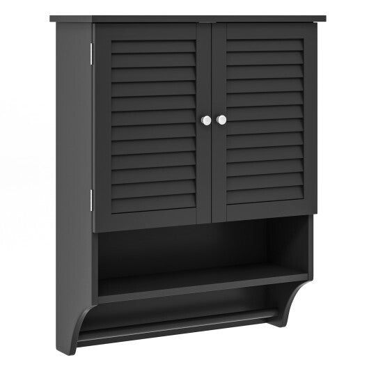 2-Doors Bathroom Wall-Mounted Medicine Cabinet with Towel Bar-Black - Color: Black