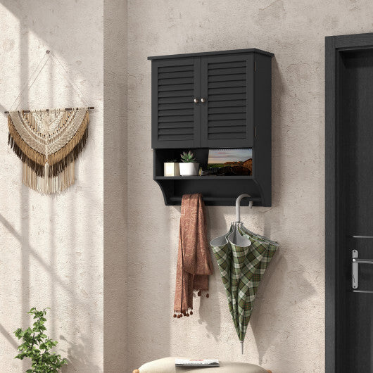 2-Doors Bathroom Wall-Mounted Medicine Cabinet with Towel Bar-Black - Color: Black