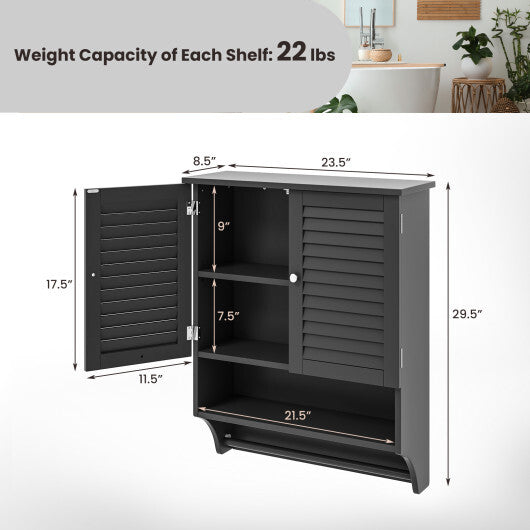 2-Doors Bathroom Wall-Mounted Medicine Cabinet with Towel Bar-Black - Color: Black