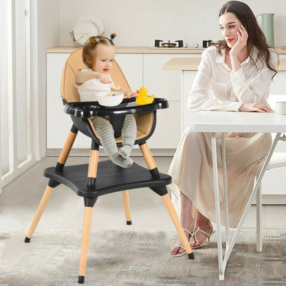 5-in-1 Baby Eat and Grow Convertible Wooden High Chair with Detachable Tray-Coffee - Color: Light Brown