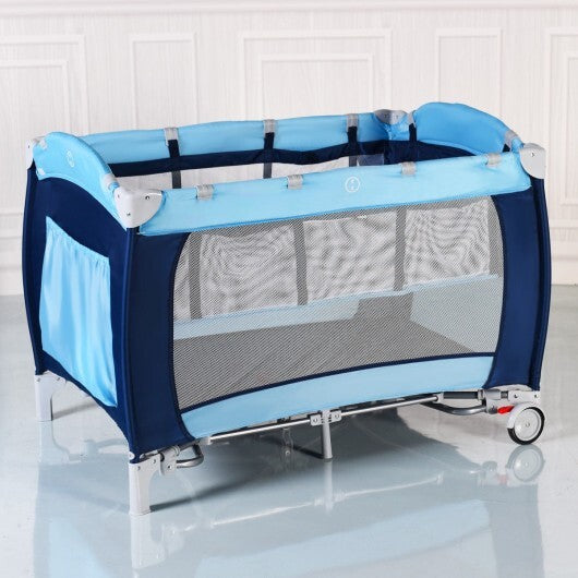 Foldable Baby Crib Playpen with Mosquito Net and Bag-Blue - Color: Blue