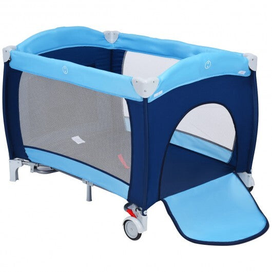 Foldable Baby Crib Playpen with Mosquito Net and Bag-Blue - Color: Blue