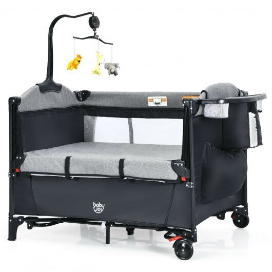 5-in-1 Baby Nursery Center Foldable Toddler Bedside Crib with Music Box-Black - Color: Black