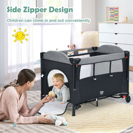 5-in-1 Baby Nursery Center Foldable Toddler Bedside Crib with Music Box-Black - Color: Black