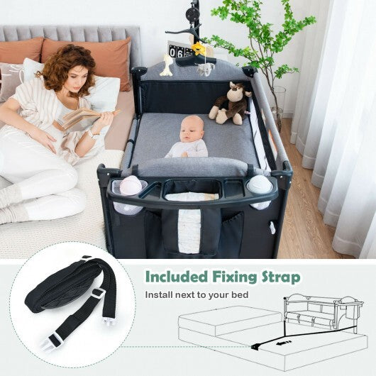 5-in-1 Baby Nursery Center Foldable Toddler Bedside Crib with Music Box-Black - Color: Black