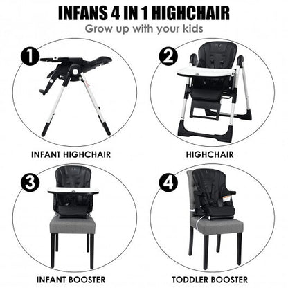 4-in-1 High Chair-Booster Seat with Adjustable Height and Recline-Black - Color: Black