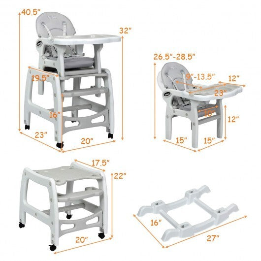 3-in-1 Baby High Chair with Lockable Universal Wheels-Gray - Color: Gray