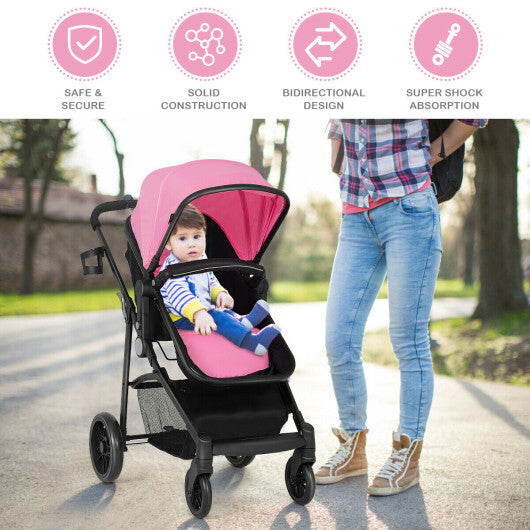 2-in-1 Foldable Pushchair Newborn Infant Baby Stroller-Pink - Color: Pink