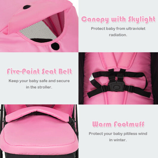 2-in-1 Foldable Pushchair Newborn Infant Baby Stroller-Pink - Color: Pink