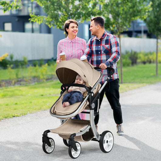 Folding Aluminum Infant Reversible Stroller with Diaper Bag-Beige - Color: Beige