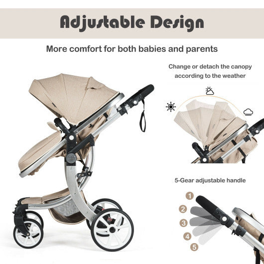 Folding Aluminum Infant Reversible Stroller with Diaper Bag-Beige - Color: Beige