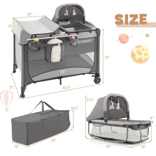 5-in-1 Portable Baby Playard with Cradle and Storage Basket-Gray - Color: Gray