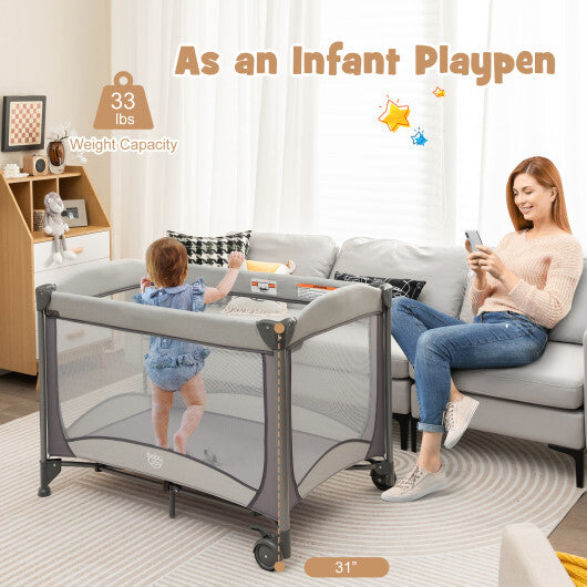 5-in-1 Portable Baby Playard with Cradle and Storage Basket-Gray - Color: Gray