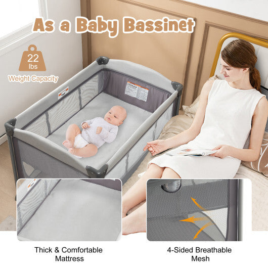 5-in-1 Portable Baby Playard with Cradle and Storage Basket-Gray - Color: Gray