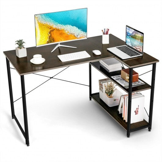 48 Inch Reversible L Shaped Computer Desk with Adjustable Shelf-Brown - Color: Brown