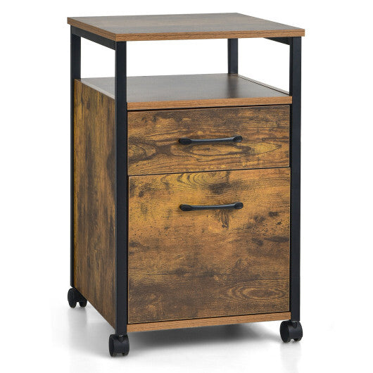 2 Drawer Mobile File Cabinet Printer Stand with Open Shelf for Letter Size-Rustic Brown - Color: Rustic Brown