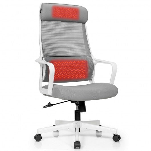 Adjustable Mesh Office Chair with Heating Support Headrest-Gray - Color: Gray