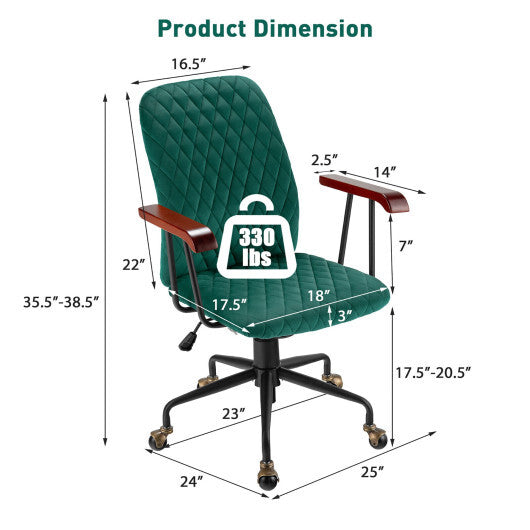 Velvet Home Office Chair with Wooden Armrest Green - Color: Green