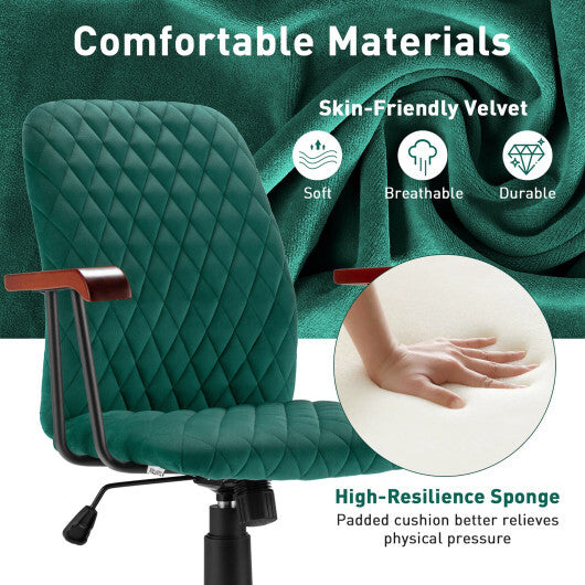 Velvet Home Office Chair with Wooden Armrest Green - Color: Green