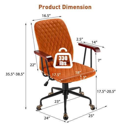 Velvet Home Office Chair with Wooden Armrest Orange - Color: Orange