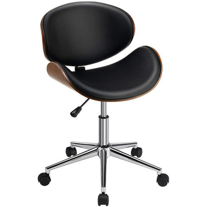 Adjustable Leather Office Chair Swivel Bentwood Desk Chair with Curved Seat-Black - Color: Black