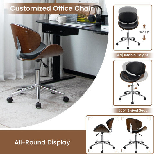 Adjustable Leather Office Chair Swivel Bentwood Desk Chair with Curved Seat-Black - Color: Black