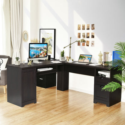 66 Inch L-Shaped Writing Study Workstation Computer Desk with Drawers-Coffee - Color: Dark Brown