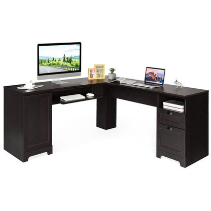 66 Inch L-Shaped Writing Study Workstation Computer Desk with Drawers-Coffee - Color: Dark Brown