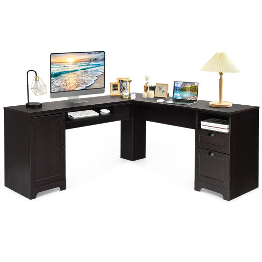 66 Inch L-Shaped Writing Study Workstation Computer Desk with Drawers-Coffee - Color: Dark Brown