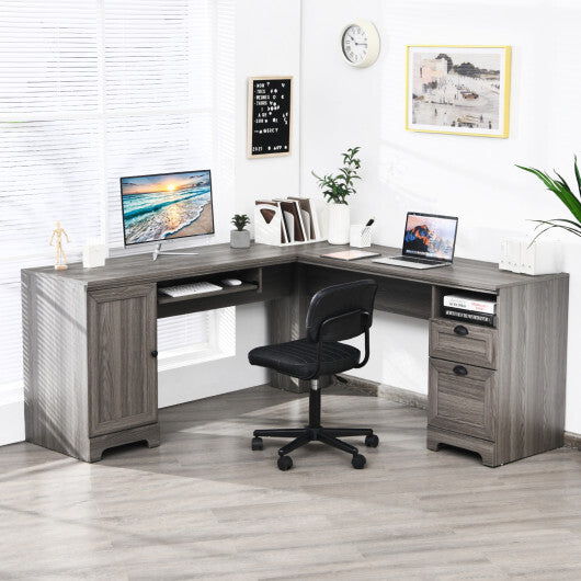 66 Inch L-Shaped Writing Study Workstation Computer Desk with Drawers-Gray - Color: Gray