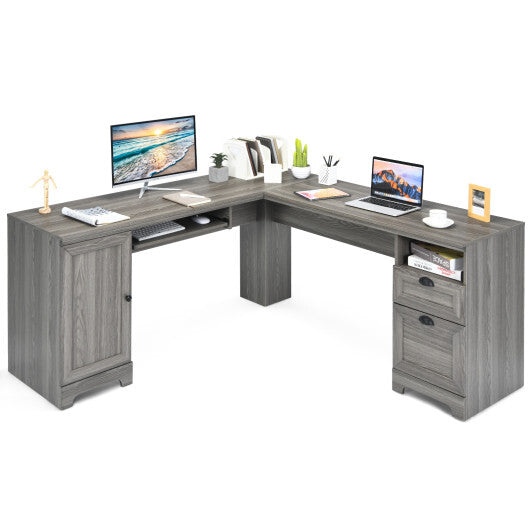 66 Inch L-Shaped Writing Study Workstation Computer Desk with Drawers-Gray - Color: Gray